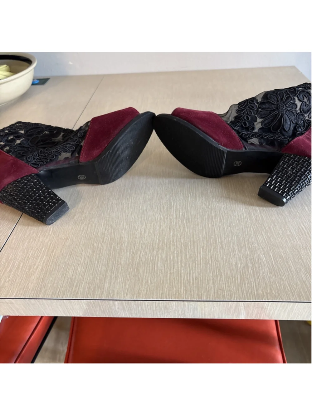 Burgundy Black Lace Ankle Boots Peep Toe Block Heel Women 39(8-8.5) 1190